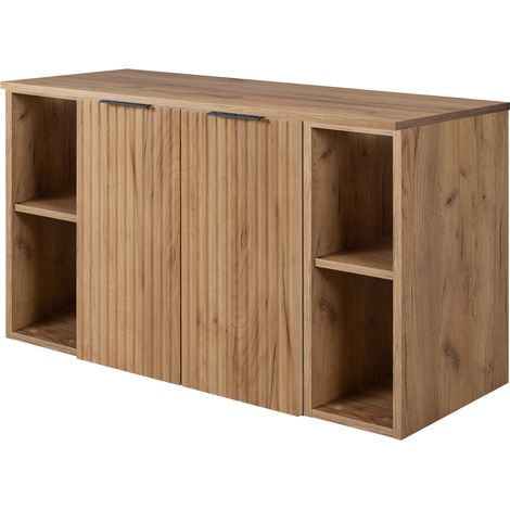 Furnidea - Meuble sous vasque suspendu FLOW CHÊNE 100 cm avec 2 x l'étagères - extensions et plan - 2 portes - façades rainurées (1/5)