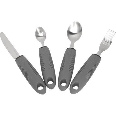 Ensemble de 4 ustensiles adaptés, lestés et dotés d'un manche en caoutchouc antidérapant, pour les personnes âgées souffrant de tremblements de la main. Couteau, fourchette et cuillère en acier inoxyd (1/5)