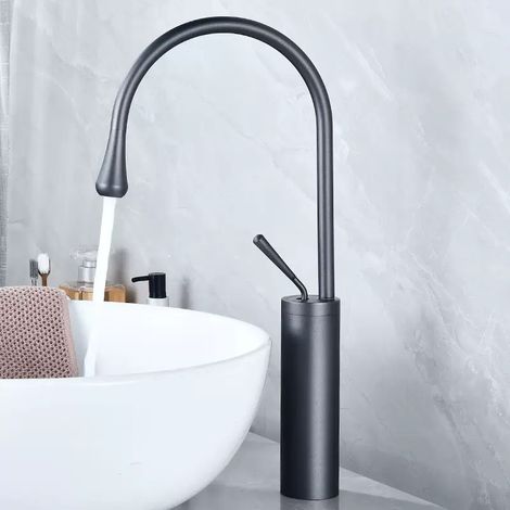 Robinet de Lavabo Gris Canon Haut en Laiton - Mitigeur Chaud/Froid Pivotant pour Vasque à Poser avec Flexible d'Alimentation Inclus (1/5)