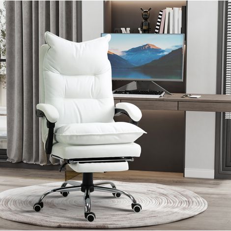 Chaise de bureau 66x72x122-130 cm blanche en métal et similicuir avec repose-pieds et dossier inclinable (1/3)