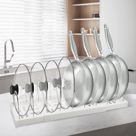 1 Organiseur Tiroir Cuisine, 10 Séparateurs Acier, Support Casserole Extensible 32-57cm, Rangement Poêle Placard (1/5)