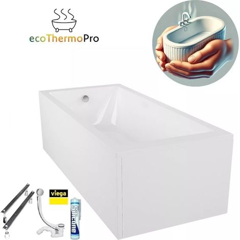 ECOLAM Badewanne Thermobadewanne TAMI 180x80 cm Komplettset Schürze Wanne mit Isolierung ecoThermoPro Wärmeschutz Acryl Rechteck Ablaufgarnitur Füße Silikon weiß (1/5)