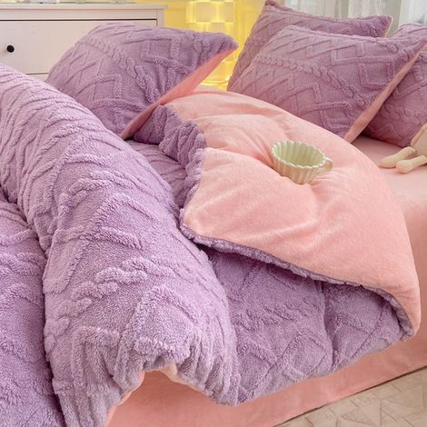 Housse de Couette Flanelle 200x230 cm,Parure de Lit Polaire Chaude Hiver,Comprend 1 Drap 250×230 et 2 Taies d’Oreiller,Jaune,Voilet (1/5)