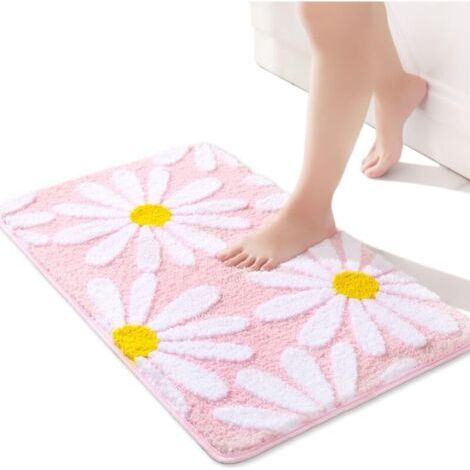 Tapis de salle de bain rose tapis de bain marguerite mignon tapis de décor de fleurs blanches et jaunes tapis de sol antidéra (1/4)