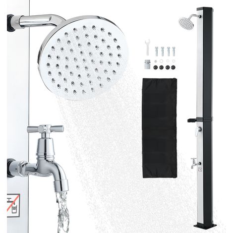 Mophorn Ducha solar de 35 L y 195 cm, ideal para exteriores, con grifo y soporte para jabón. Fabricada en PVC reforzado, perfecta para piscina, patio o playa, en color negro y plateado.