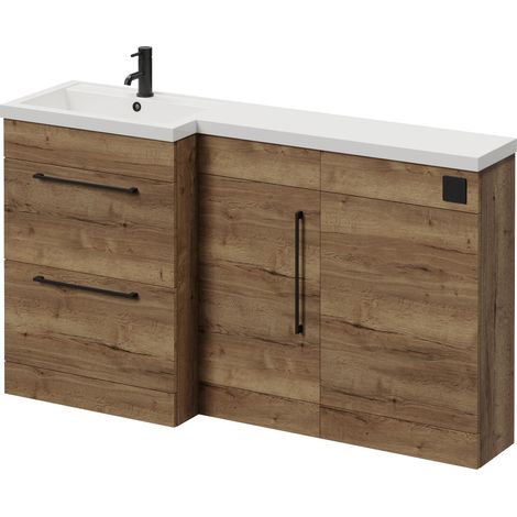 Napoli 390 Tobacco Oak 1500mm 2 Drawer Vanity Unit Toilet Suite with Left Hand Square Lucia Basin - 1500mm - Matt Black 320mm HandleWithout Kingston Toilet Pan