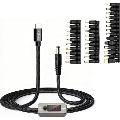 Câble adaptateur USB-C PD vers DC 100 W 5 V 9 V 12 V 15 V 20 V réglable avec 34 fiches DC 5,5 x 2,1 mm, boîtier en alliage de zinc et câble en nylon de 1 m compatible avec ordinateur portable (1/5)