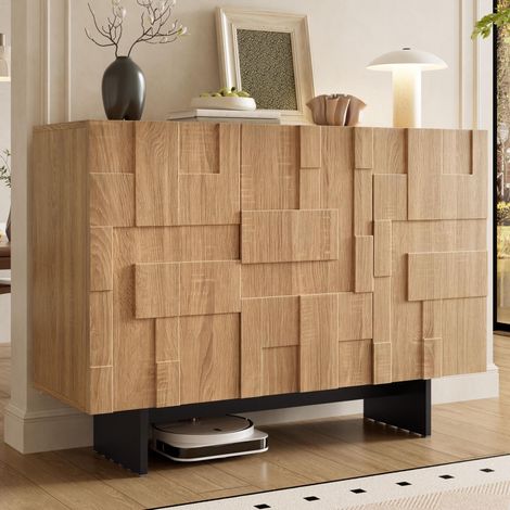 Credenza soggiorno 105 x 33,5 x 76 cm - mobile buffet con 3 ante e ripiani regolabili in mdf e bambù stile moderno - naturale e nero (1/5)