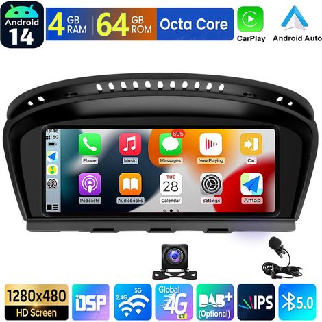 Autoradio Apple CarPlay Android 14 pour BMW Série 5 E60 E61 E90 GPS BT WIFI - 4+64G MIC CAM (1/5)