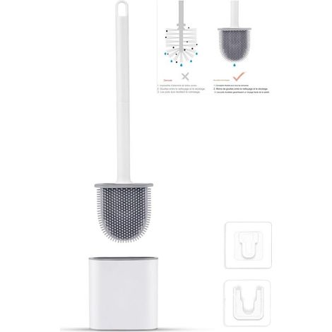 Brosse WC silicone plate – Balayette antibactérienne avec base à séchage rapide – Montage mural ou au sol – Salle de bain blanche (1/5)