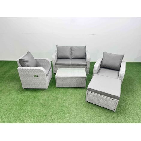 Fimous Light Grey PE Wicker Rattan Garden Furniture Set Sofa Set Reclining Adjustable Chair Rectangular Coffee Table 5 Seater With Footstool (1/4)