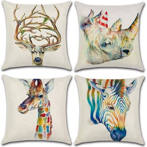 Set mit 4 Kissenbezügen aus Baumwolle und Leinen mit Tiermotiven in Tusche. (1/5)