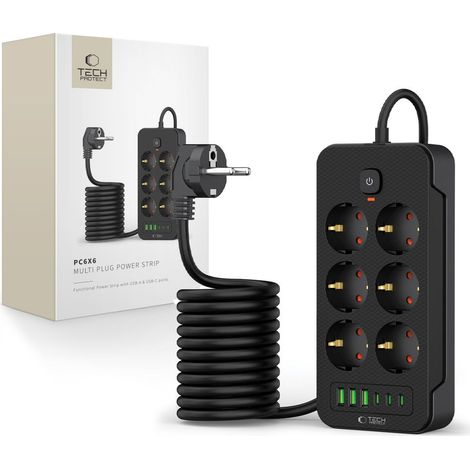 Multiprise 6 prises 240 V USB-A USB-C 2 m - noire (1/5)