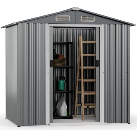 Casetta da giardino per esterni 2,34 m² 196 x 142 cm, Casetta per attrezzi in metallo con 4 prese d'aria, Porte, Rampa, Spazio per guanti e attrezzi per giardino e fattoria (1/5)