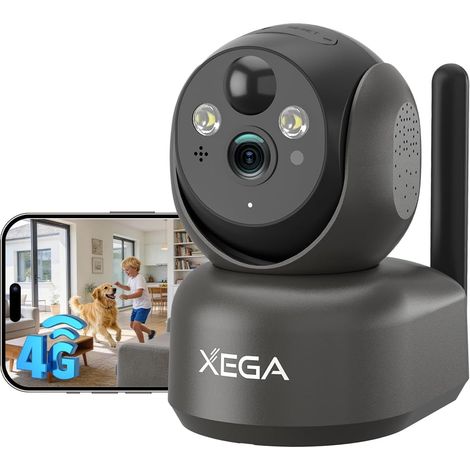 Xega Caméra de Surveillance Intérieure 4G LTE sans Fil 2K, Caméra IP PTZ sur Batterie avec Carte SIM, Vision Nocturne en Couleur, Détection PIR et Audio Bidirectionnel, Gris (1/5)