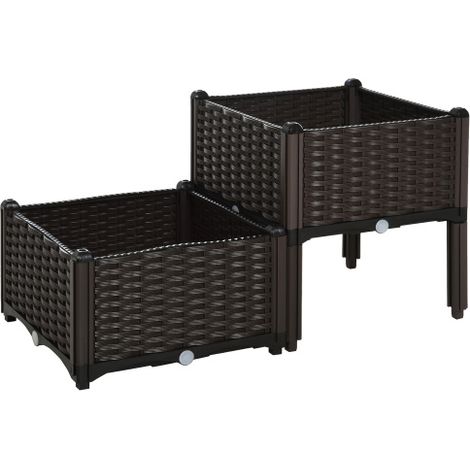 Jardinière Imitation Rotin Double Carré Potager avec Trous de Drainage en PP pour Jardin Balcon 80x40x44cm Brun (1/5)