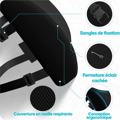Cuscino di supporto lombare, supporto ergonomico per la schiena in memory foam, corregge la postura, per auto, ufficio, sedia, poltrona, fodera lavabile (nero) (1/4)