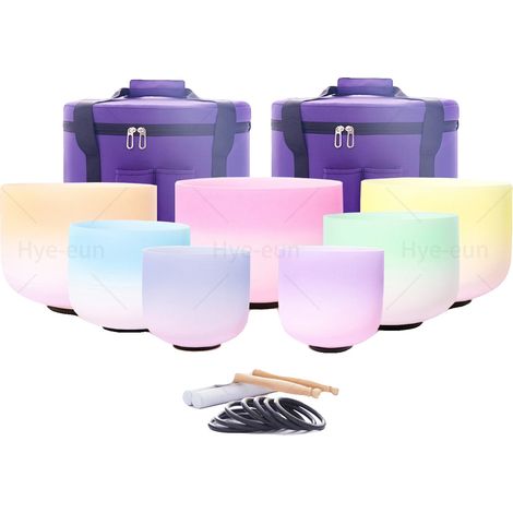 Cuenco de cristal cantor, 7 tonos, juego completo de meditación, 432 Hz, 7 piezas arcoíris (1/2)
