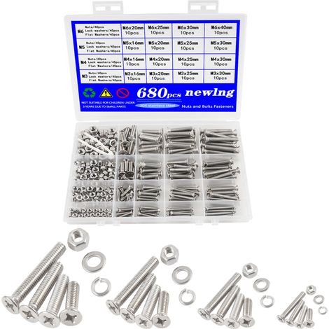 680pcs Vis à Tête Fraisée M3 M4 M5 M6 Boulons et écrous Acier Vis Torx en Acier Inoxydable 304 Croix Vis à Métaux à Tête Plate avec Ecrous Rondelles et Rondelle élastique Assortiment (1/5)