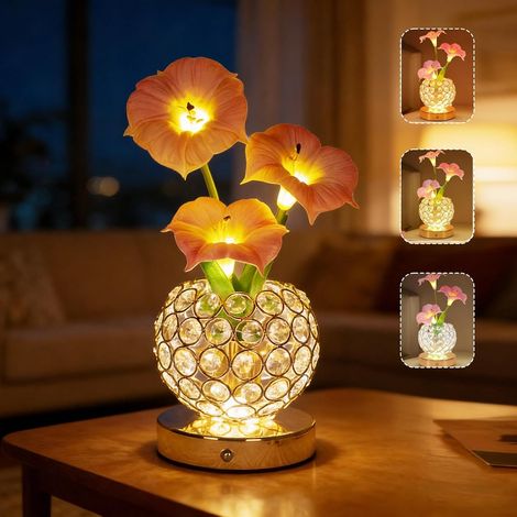 Lampe De Table Fleurs, 3 Couleurs Lampe De Chevet Tactile en Cristal avec Vase à Intensité Variable (Gloire du Matin-Rose) (1/5)