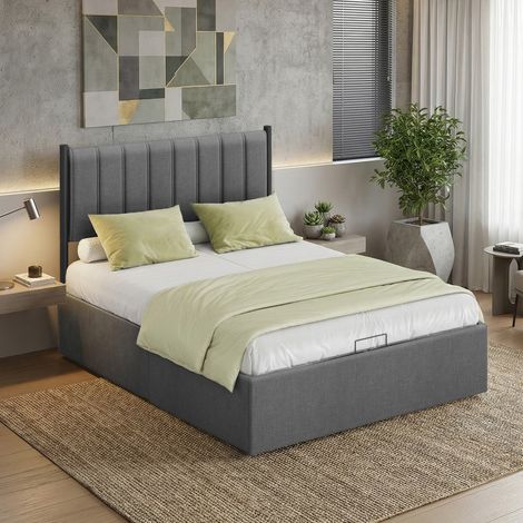 Lit Double avec Rangement, Sommier Relevable 160 x 200 cm, Cadre de Lit Moderne, Chambre, Montage Facile, Gris (1/5)