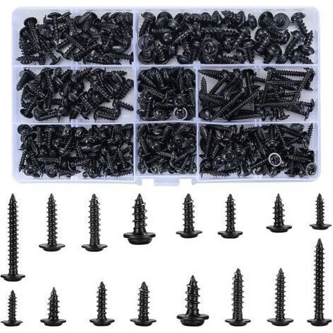 FENOPLASTICA350 vis autotaraudeuses en acier au carbone, vis à bois noires, jeu de vis à tête ronde, vis à tête Phillips, adaptées au liège et au métal - 8 tailles, avec étui en plastique. (1/5)