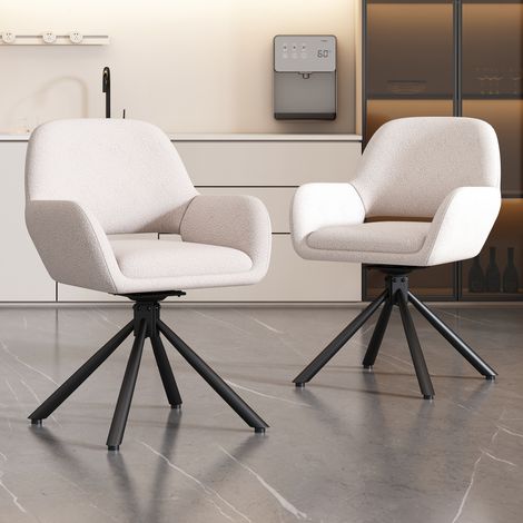 Set de 2 fauteuils de salle à manger modernes, blancs, en tissu Sherpa, avec accoudoirs, design sobre et élégant.