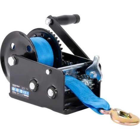 Güde – Treuil manuel à sangle 900 kg – Longueur sangle 8 m – Crochet de levage avec ouverture rabattable – Levier de blocage