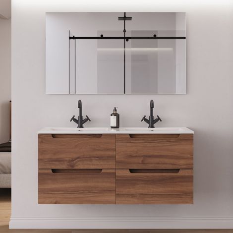 Meuble de salle de bain 120cm double vasque - 4 tiroirs - noyer (bois foncé) - SONRIZA (1/5)