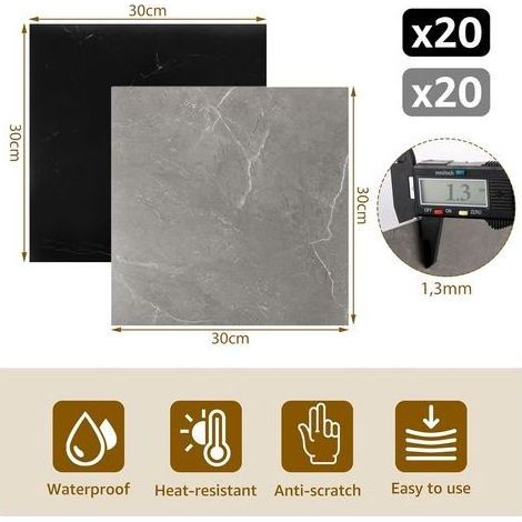 Lot de 40 Dalles Sol PVC 30x30 cm, Revêtement Vinyle Effet Marbre Noir Gris, Adhésif Imperméable Cuisine Salle de Bain (1/5)
