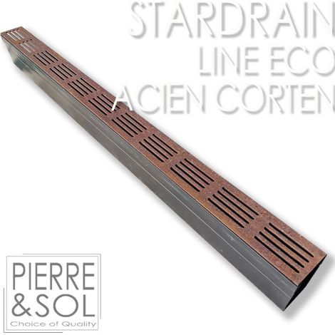 Caniveau étroit 6,5 cm en acier corten – Drainage discret pour terrasse – Sortie latérale Ø50 mm – Classe A15 (piéton) – Longueur 1 m