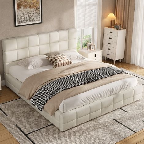 ModernLuxe - Lit double rembourré 180x200 cm - tête de lit capitonnée - sommier à lattes - MDF + velours - Beige (Matelas non inclus) (1/5)