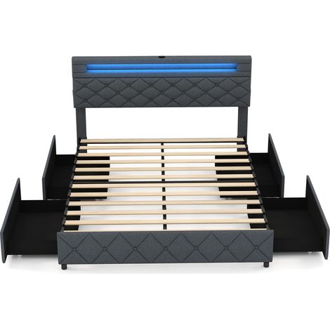 COSTWAY King Size Bed Frame w/ Led Lights & Charging Station-Grey