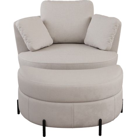 Fauteuil moderne surdimensionné avec pouf de rangement en forme de lune, en chenille beige, 3 coussins utilisables séparément, assise hautement élastique – fauteuil de lecture confortable pour salon, 