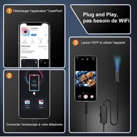 Caméra Endoscopique, 1920P HD Camera d'Inspection Canalisation, IP67 Endoscope Camera avec 8 lumières LED Câble Semi-Rigide de 5m pour iPhone iOS iPad Android Smartphone