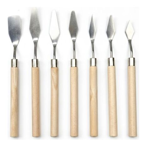 Ensemble de couteaux à palette brun clair et argentés, 7 pièces, manche en bois et lames en métal, convenant aux artistes et aux amateurs, formes variées pour la peinture et l'application de textures. (1/5)