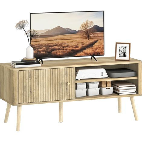 TV-Ständer, TV-Schrank mit Tür, offenen Fächern und verstellbarem Einlegeboden, 115 x 35 x 49 cm, Eiche