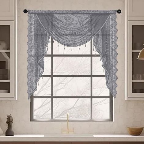 Rideau en dentelle florale vintage - Habillage de fenêtre cascade pour cuisine, salon, salle de bain, café - Gris 1 mètre 100105cm (1/5)