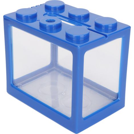 Aquarium miniature bleu à structure en cascade, style Aquascape, idéal pour décorer un bureau ou un espace de travail à la maison. (1/5)