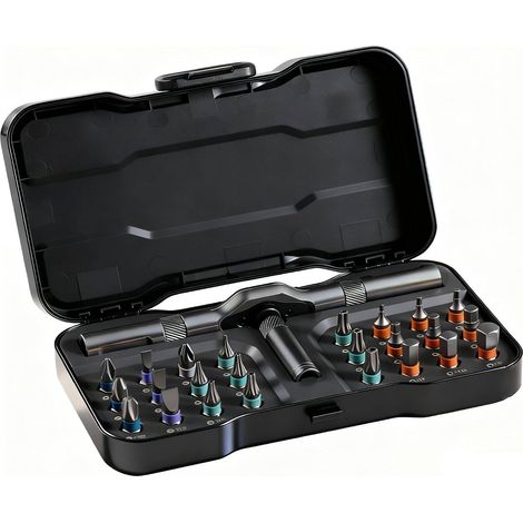 Tournevis à cliquet 24 en 1 - Kit tournevis magnétique de précision avec 24 embouts, poignée en aluminium amovible, outils de réparation pour meubles, bricolage, PC - Compact et portable (1/3)