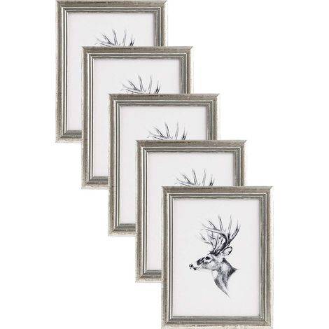 WOLTU 5er Set 40x50 cm Bilderrahmen Artos Stil Holz Rahmen Fotogalerie Glasscheibe, Silber