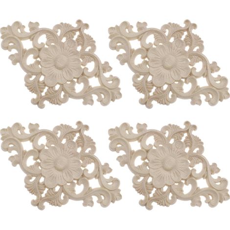 Lot de 4 appliques en bois sculpté non laqué Onlay - Décoration pour meubles de salon, armoire, miroir de porte - 15 x 10,5 cm (1/5)