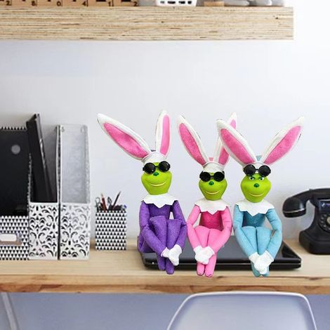 Figurine Lapin Pâques Grinch avec Lunettes et Sangle de Suspension - Bleu