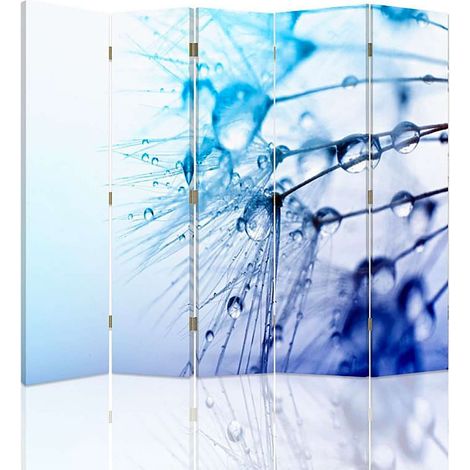 Paravent Design Gouttes d'Eau sur Pissenlit 5 Panneaux - 180 x 180 cm - 1 face déco, 1 face noir