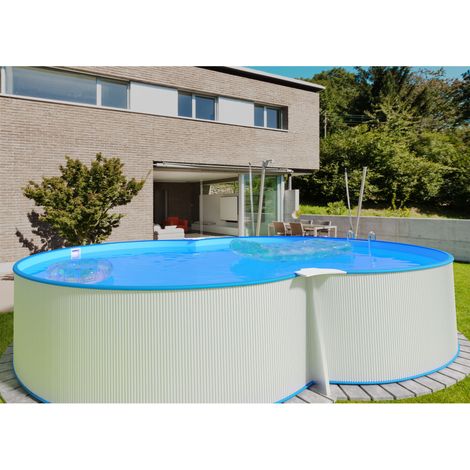 Stahlwandpool achtform 650x420x120 cm, Stahl 0,4 mm weiß, Folie 0,4 mm blau, Einhängebiese (1/5)