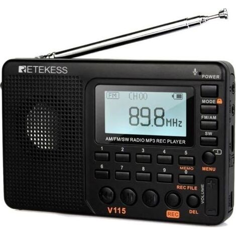 (v115-Noir)Retekess V115 Radio Portable, Petite Radio Rechargeable,FM AM SW, Piles et Secteur, Carte TF, Enregistreur,MP3,Minuterie de Sommeil (1/5)