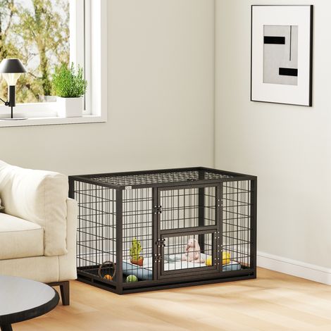 Cage pour Chien Robuste Niche Chien Intérieur Toit Ouvrant et Porte de Nourrissage Acier 94 x 60 x 64 cm Noir (1/5)