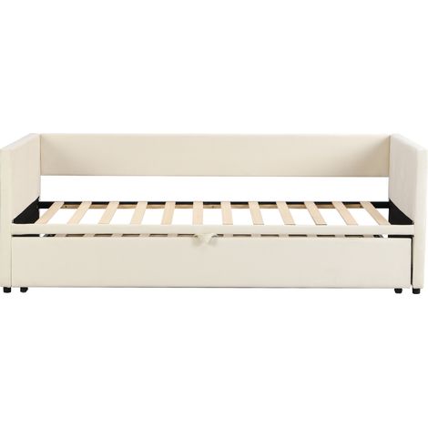 Polster-Ausziehbett aus beigem Samt 90 x 200 cm mit Lattenrost und Auszug 180 x 200 cm (1/5)