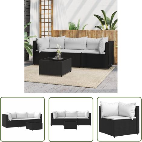 The Living Store Salon de jardin 4 pcs avec coussins Noir Résine tressée - Salon De Jardin - Mobilier Extérieur - Canapé D'angle - Set De Jardin - Table Basse (1/5)