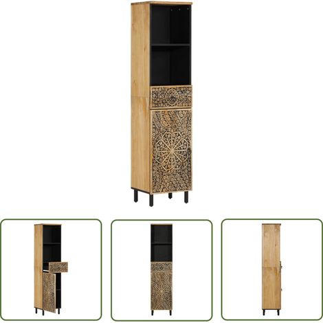 The Living Store Armoire de salle de bain 38x33x160 cm bois massif de manguier - Meuble De Salle De Bain - Armoire De Salle De Bain - Rangement Salle De Bain - Commode Salle De Bain - Mobilier Salle D